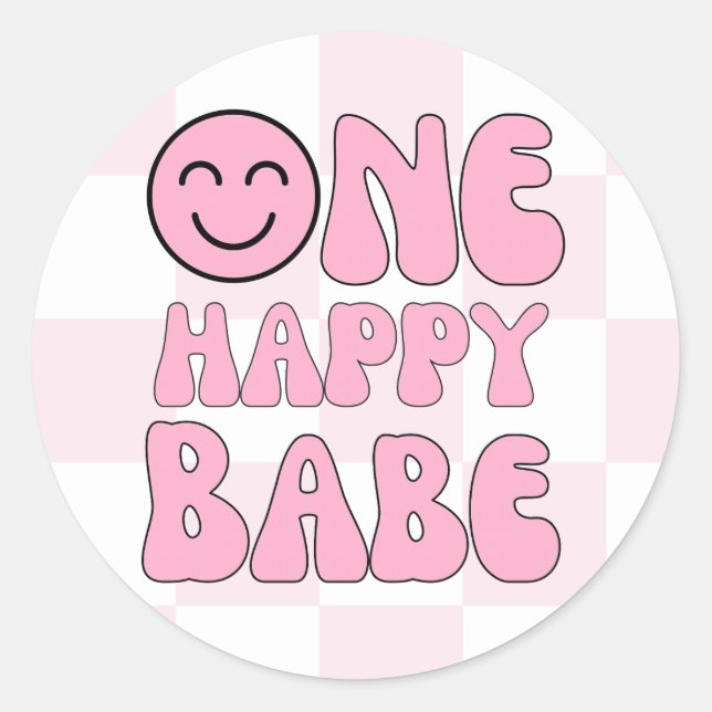 One Happy Babe Happy Face Pink Check Classic Round Sticker (Front)