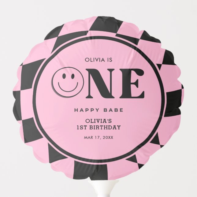 One Happy Babe Happy Face Pink Girl 1st Birthday  Balloon (Front)