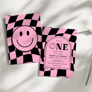One Happy Babe Happy Face Pink Girl 1st Birthday  Invitation