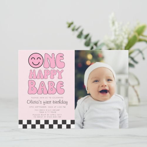 One Happy Babe Happy Face Pink Photo Invitation