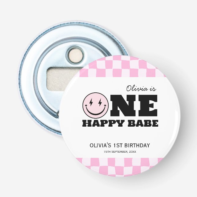 One Happy Babe Pink Checkered Birthday Bottle Opener (Front)