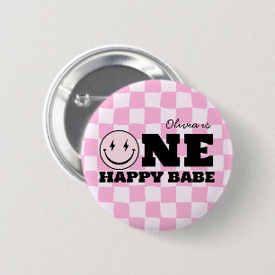 One Happy Babe Pink Checkered Birthday Button