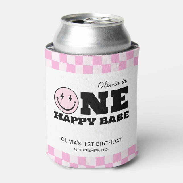 One Happy Babe Pink Checkered Birthday Can Cooler (Can Front)