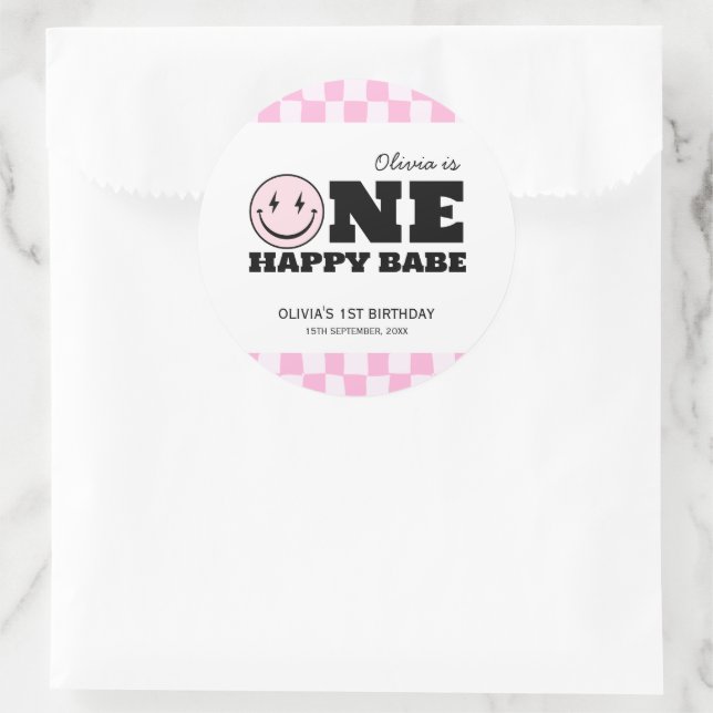 One Happy Babe Pink Checkered Birthday Classic Round Sticker (Bag)
