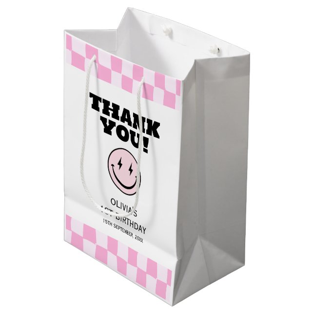One Happy Babe Pink Checkered Birthday Medium Gift Bag (Front Angled)