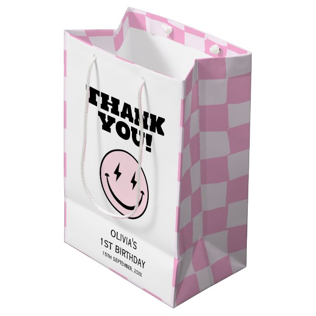 One Happy Babe Pink Checkered Birthday Medium Gift Bag (Front Angled)