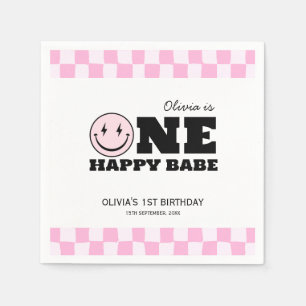 One Happy Babe Pink Checkered Birthday Napkins