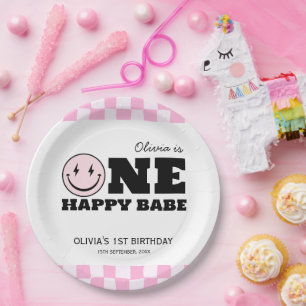 One Happy Babe Pink Checkered Birthday Paper Plates