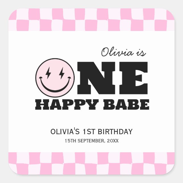 One Happy Babe Pink Checkered Birthday Square Sticker (Front)