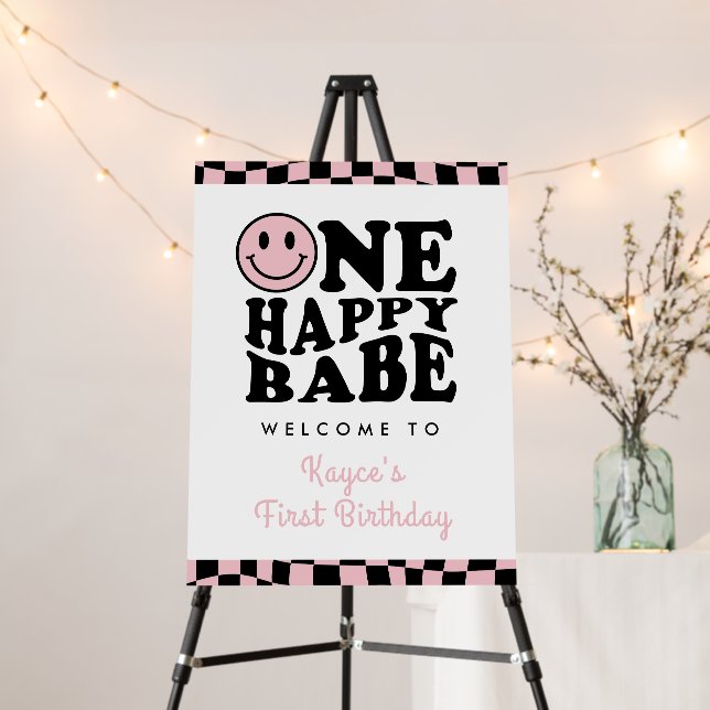 One Happy Babe Pink Girl 1st Birthday Welcome Sign (In Situ (Stand))