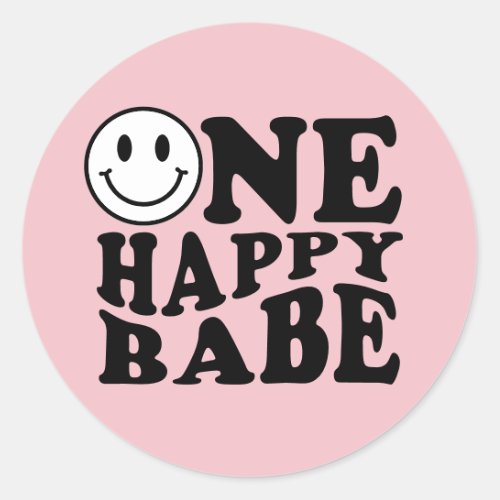 One Happy Babe Pink Preppy Smile 1st Birthday  Classic Round Sticker