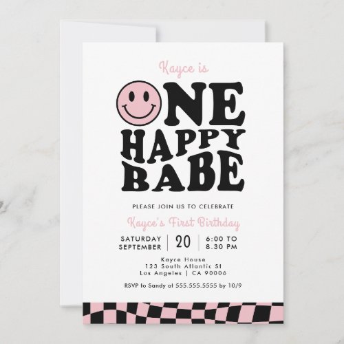 One Happy Babe Pink Preppy Smile Girl 1st Birthday Invitation