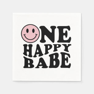 One Happy Babe Pink Retro Happy Smile Birthday Napkins