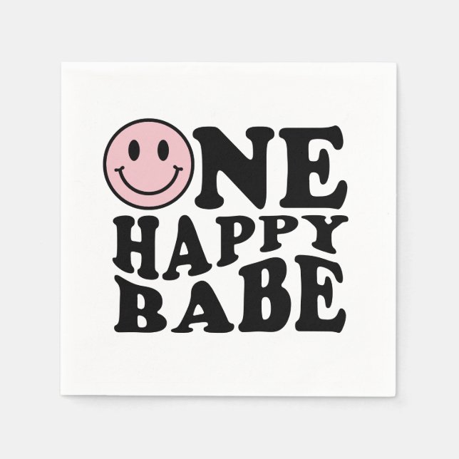 One Happy Babe Pink Retro Happy Smile Birthday Napkins (Front)