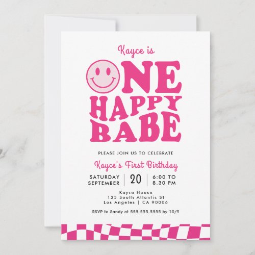 One Happy Babe Pink Smile Face Girl 1st Birthday Invitation