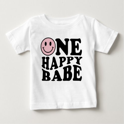 One Happy Babe  Preppy Smile Girl First Birthday  Baby T_Shirt