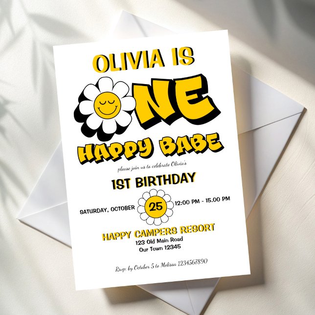 One happy babe retro daisy 1st birthday party invitation (One happy babe retro groovy daisy girls 1st birthday party invitation template yellow and black)