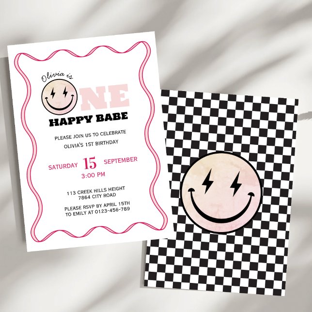 One Happy Babe Retro Girls Birthday Party Invitation (Creator Uploaded)