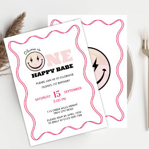 One Happy Babe Retro Girls Birthday Party Invitation