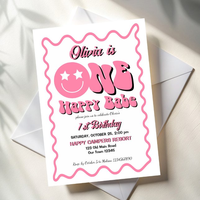 One happy babe retro pink 1st birthday party invitation (One happy babe retro pink 1st birthday party invitation template)