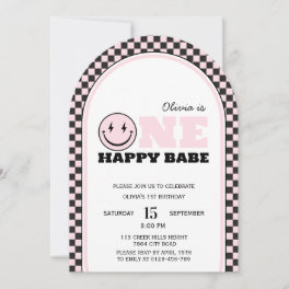 One Happy Babe Retro Pink First Birthday Invitation