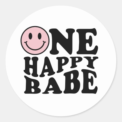 One Happy Babe  Retro Preppy Smile 1st Birthday  Classic Round Sticker