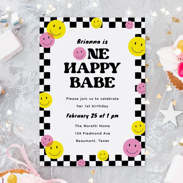 One Happy Babe Smiling Face 1st Birthday Party Invitation ("One happy babe" 1st birthday party invitation with smiling faces)