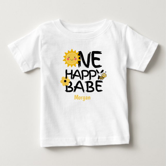 One Happy Babe Yellow Sunny Bee Girls 1st Birthday Baby T-Shirt (Front)