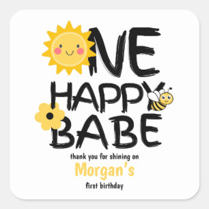 One Happy Babe Yellow Sunny Bee Girls 1st Birthday Square Sticker