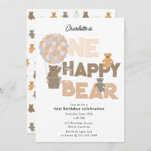 One Happy Bear Invite 1st  First Birthday Cute