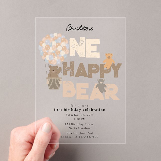 One Happy Bear Invite 1st  First Birthday Cute Acrylic Invitations (Insitu (Handheld))
