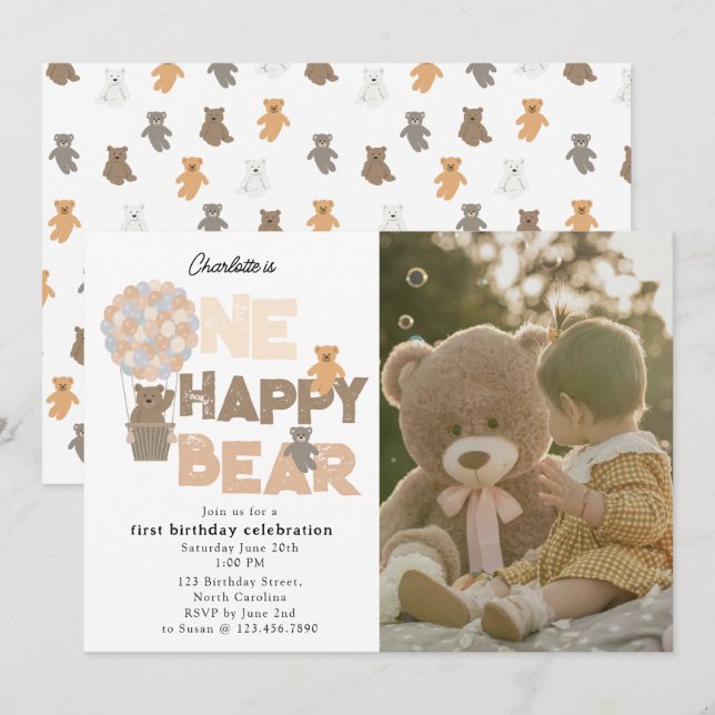 One Happy Bear Invite 1st  First Birthday Photo (Front/Back)