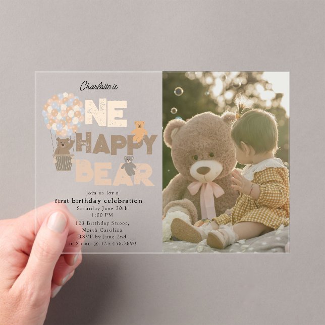 One Happy Bear Invite 1st  First Birthday Photo Acrylic Invitations (Insitu (Handheld))