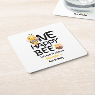 One Happy Bee Honey Yellow Bee Girls 1st Birthday Square Paper Coaster