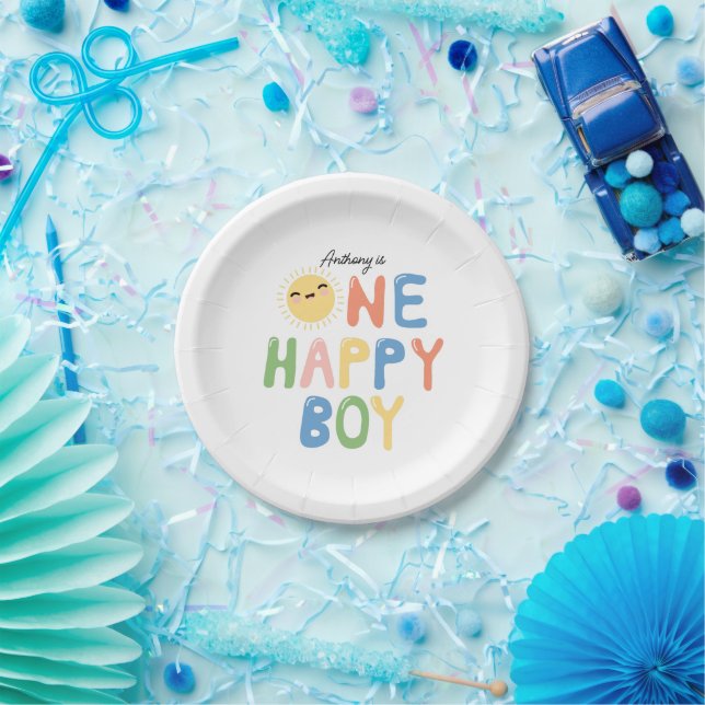 One Happy Boy Birthday Invite 1st Birthday Sun Paper Plates (Party)