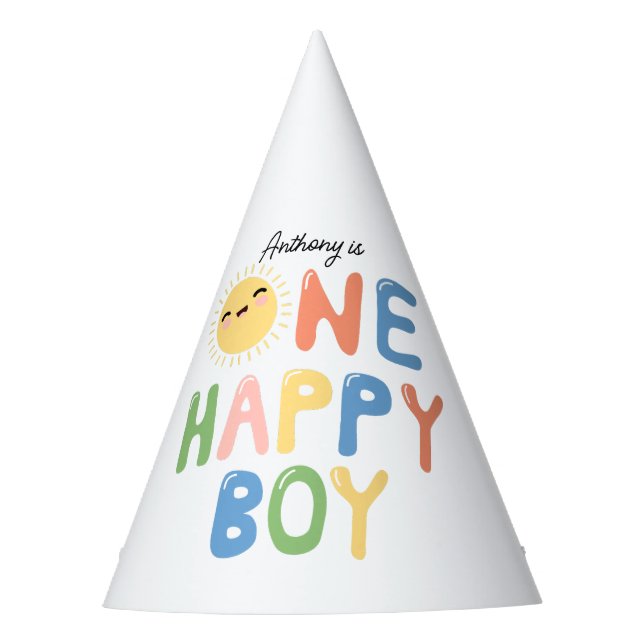 One Happy Boy Birthday Invite 1st Birthday Sun Party Hat (Front)
