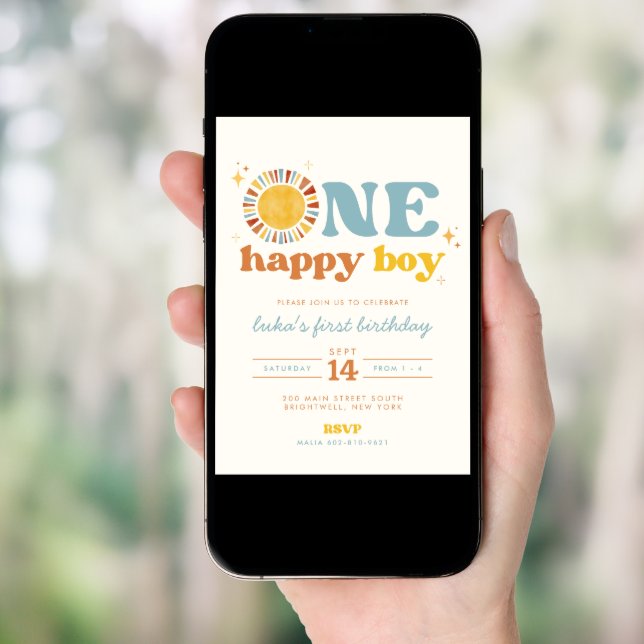 One Happy Boy Boho Sun First Birthday Invitation (Front Digital)
