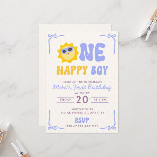 One Happy Boy Retro Sun First Birthday Invitation