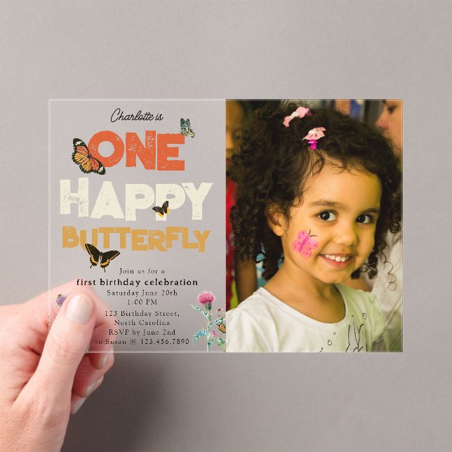 One Happy Butterfly 1st Wildflower Birthday Photo Acrylic Invitations (Insitu (Handheld))