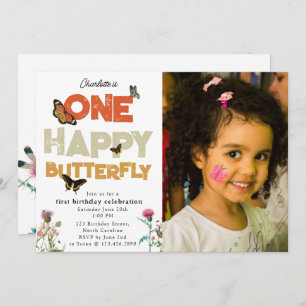 One Happy Butterfly 1st Wildflower Birthday Photo Invitation