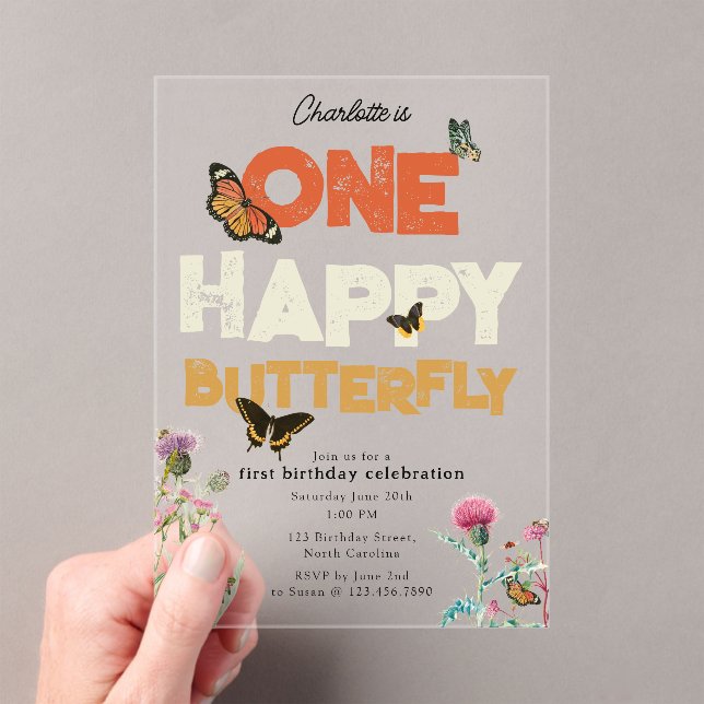 One Happy Butterfly Invite 1st Wildflower Birthday Acrylic Invitations (Insitu (Handheld))