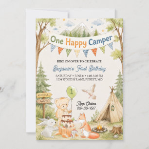 One Happy Camper 1st Birthday Boy Bear Woodland Invitation