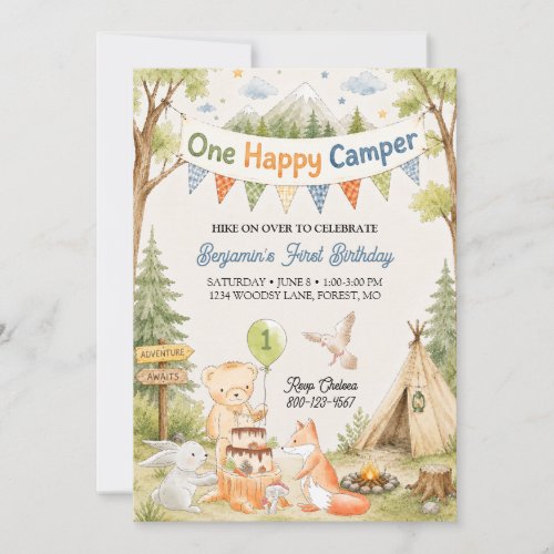 One Happy Camper 1st Birthday Boy Bear Woodland Invitation