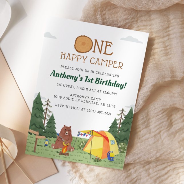 One Happy Camper 1st Birthday Camping Watercolor Invitation