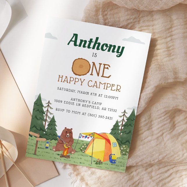 One Happy Camper 1st Birthday Camping Watercolor Invitation (Creator Uploaded)