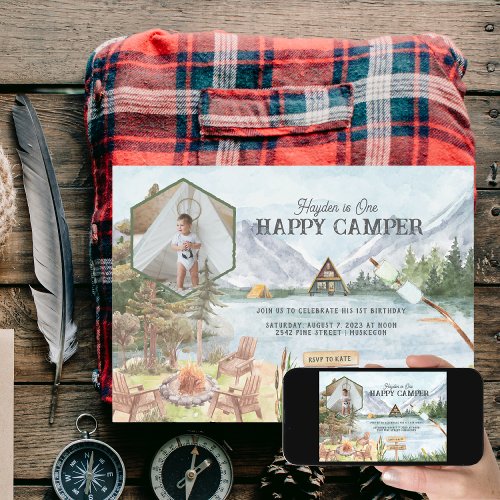 One Happy Camper 1st Birthday Photo Camping Invitation