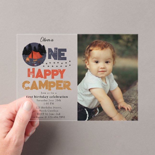 One Happy Camper 1st Summer Birthday Photo Acrylic Invitations (Insitu (Handheld))