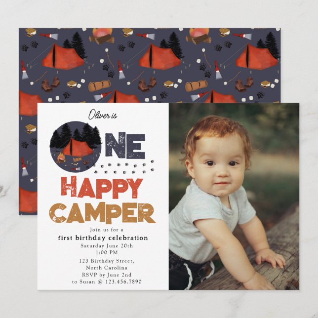 One Happy Camper 1st Summer Birthday Photo Invitation (Front/Back)