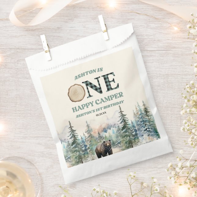 ONE Happy Camper Bear 1st Birthday Party Favor Bag (Clipped)