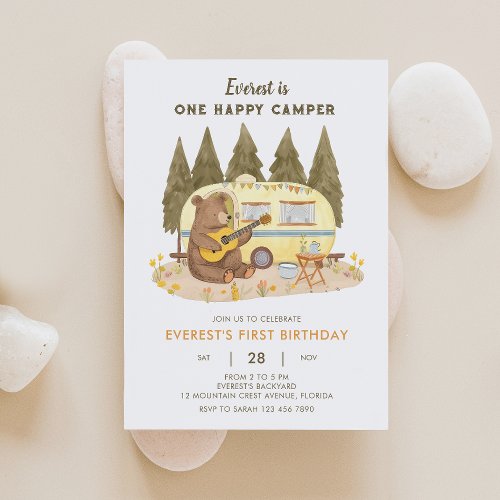 One Happy Camper Bear Birthday Invitation